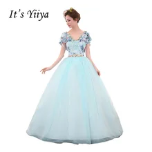 It’s Yiiya Blue V-neck Bow Wedding Dresses Ball Gown Appliques Floor Length Color Bridal Frocks Vestidos De Novia CasamentoHL029
