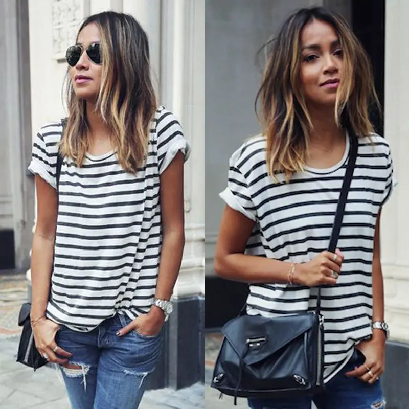 

New Fashion Women Summer T-Shirts Short Sleeve Casual Stripes Tops Women Clothes T-Shirt