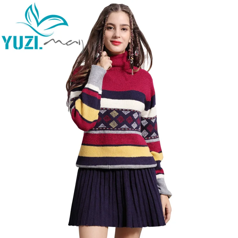 

Dress Female 2018 Yuzi.may Boho New Winter Cotton Wool Vestidos Turtleneck Long Sleeve A-line Striped Dresses Women A82122