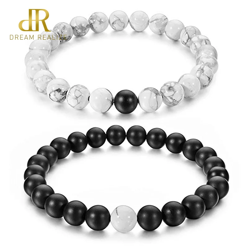 

DR 2Pcs/Set Couples Bracelets for Lovers Black Matte & White Howlite 8mm Beads Bracelet Natural Stone for Women Gifts Jewelry