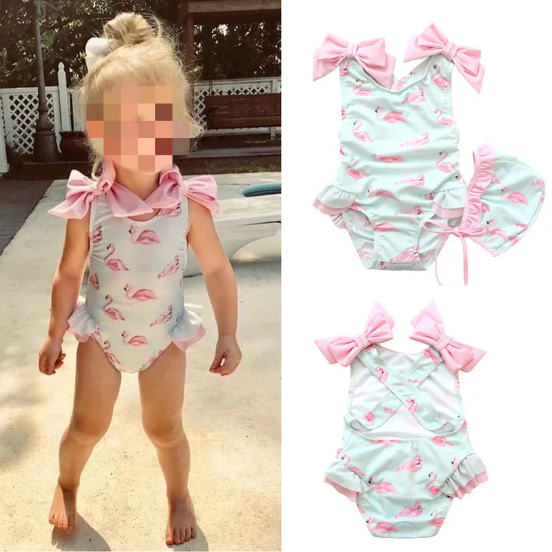 Купальный костюм для маленьких девочек; милое бикини с Фламинго; пляжный костюм для младенцев; цельный купальник; купальные костюмы для маленьких девочек; одежда с бантом