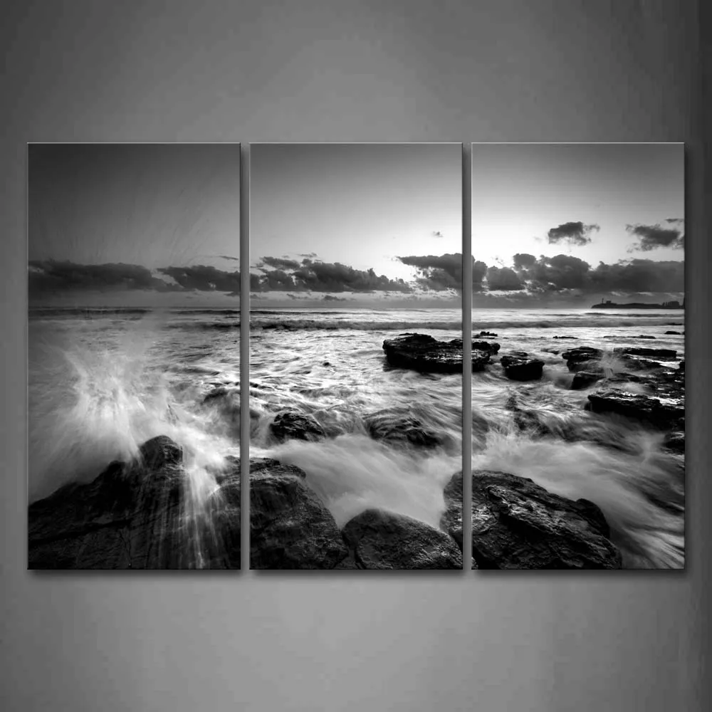 

3 Panels Unframed Wall Art Pictures Sea Wave Stone Canvas Print Modern Seascape Posters No Frames For Living Room Decor