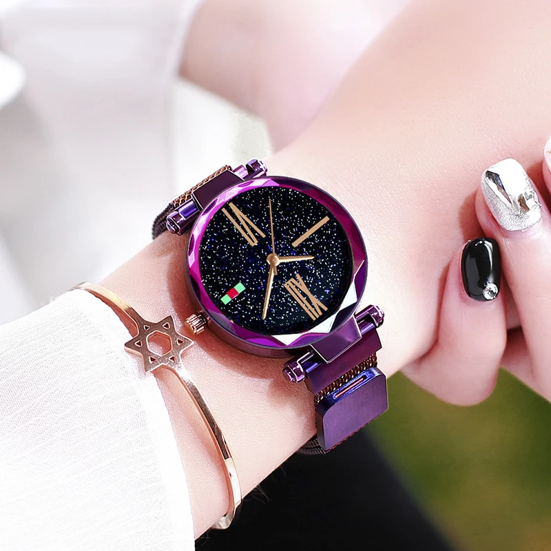 

ins Fashion Women Watches Magnetic Suction Band Starry Sky Clock Luxury Diamond Cut Female Quartz Wristwatch relogio feminino