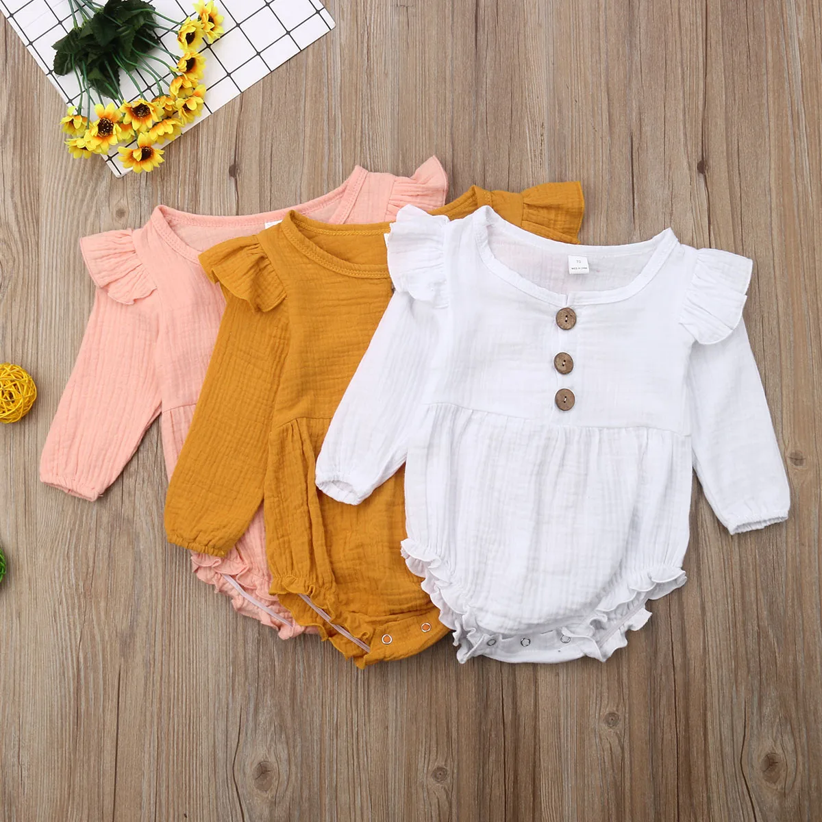 0-24M Summer Toddler Infant Baby Girl Boys Bodysuits Solid Long Sleeve Ruffles Jumpsuit Sunsuit Clothes 0-24M Summer Toddler Infant Baby Girl Boys Bodysuits Solid Long Sleeve Ruffles Jumpsuit Sunsuit Clothes