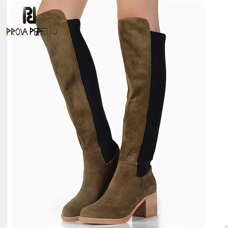 

Prova Perfetto Elegant Genuine Leather Elastic Slip-on High Heels Boot Concise Chunky Heel Warm Plush In Women Long Martin Boots