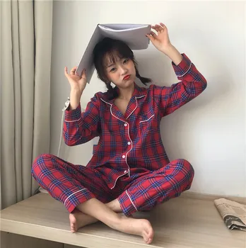 

2019 Korean Women Pajamas Sets with Pants Cotton Pijama Plaid Spring Summer Sleepwear Pyjama Cute Night Wear Nightsuits