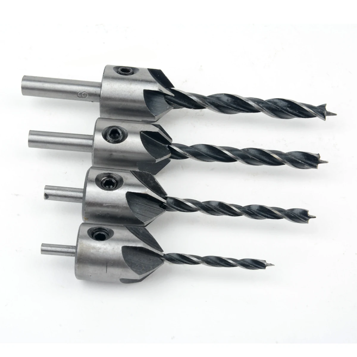 4pcs/set HSS 5 Flute Countersink Drill Bit Reamer Set Screw Woodworking Chamfer Tool 3-6mm + 1pc Wrench