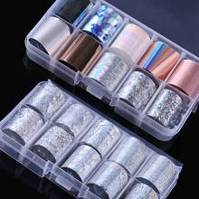 10 шт Голографическая фольга для ногтей, Набор 2,5*100 см, маникюр, сделай сам, дизайн ногтей, украшения, прозрачный цвет AB, переводная наклейка для ногтей