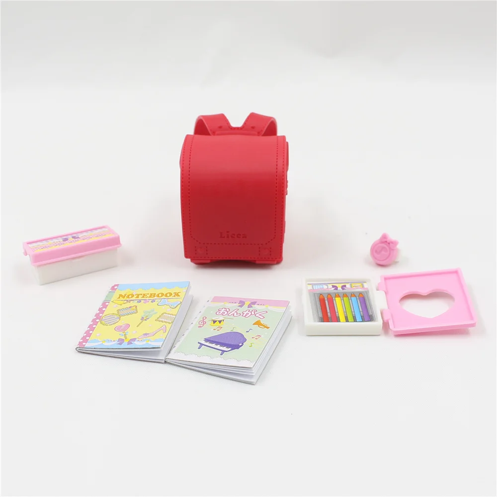 

Red school Rubber bag Miniatur Knapsack with stationery suitable for 1/6 blyth doll DIY toy fashion accessiories