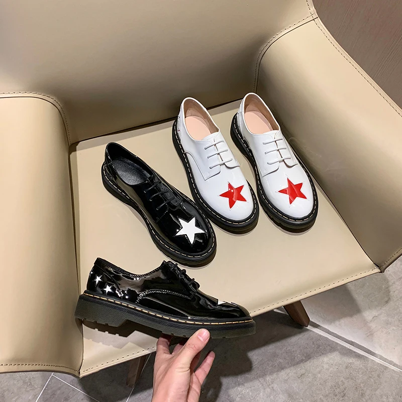 

VANGULL Genuine Leather shoes Women Single shoes FashionPatent leather embroidered star ladies Spring Autunm pumps cow leather