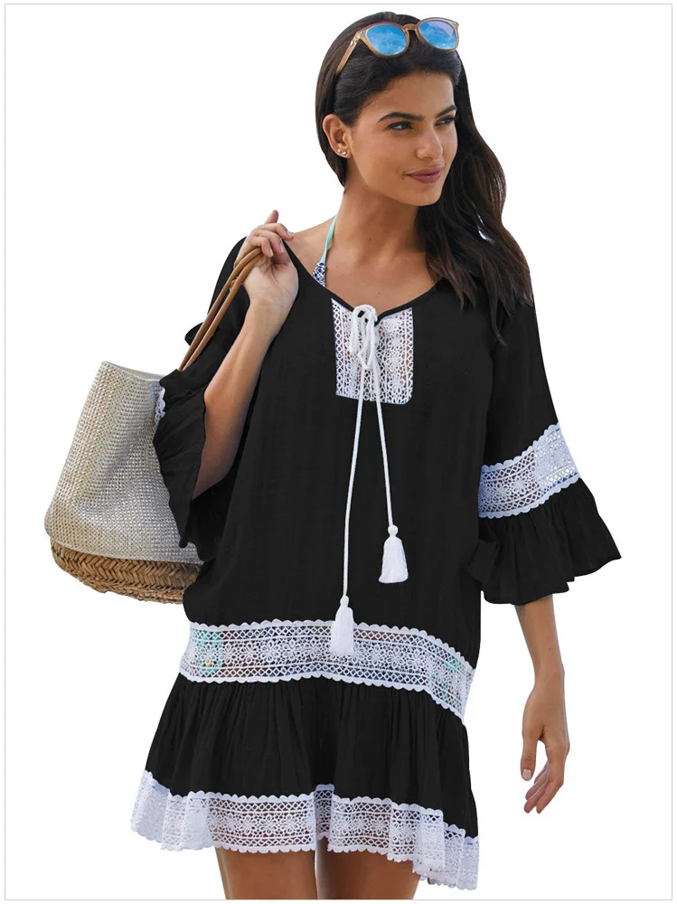 Scsech 2018 Summer Women Beach White Dress Half Sleeve V Neck Lace Hollow Out Solid Beach Dress Women Dresses Sundress D8B11  (4)