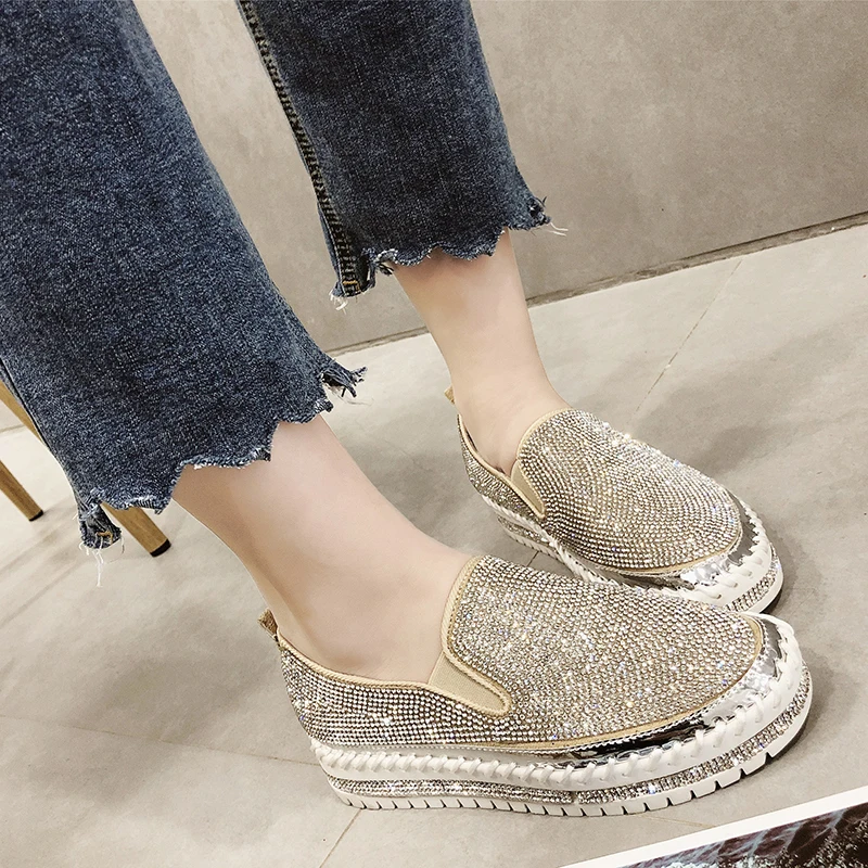 

PADEGAO loafers shoes women luxury silver crystal slip on platform casual shoes woman shinning solid black flat heels shoes