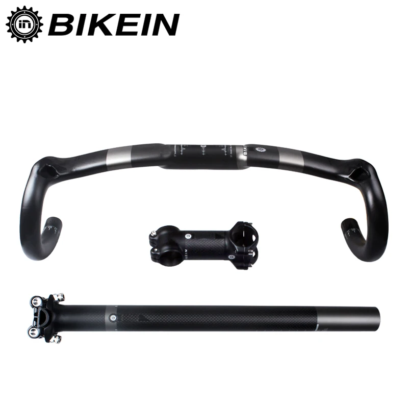 BIKEIN ألياف الكربون الطريق المقود مجموعات الدراجات عازمة بار + Seatpost + الجذعية سباق دراجة أجزاء مجموعة ماتي الأسود 600 جرام