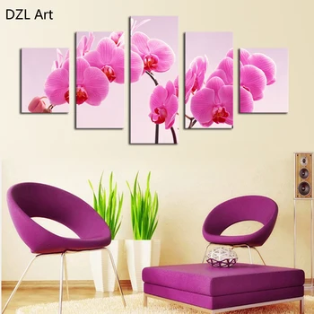 

5 Panel Pink butterfly orchid flowers canvas painting Modern Home decoration wall pictures for living room