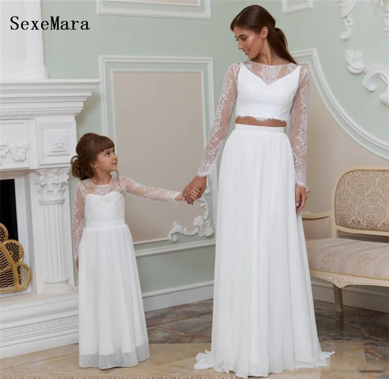

New White Lace Girls Dresses Long Sleeves O Neck A Line Modern Mother and Daughter Dress for Wedding Girls Formal Wear Size2-14Y