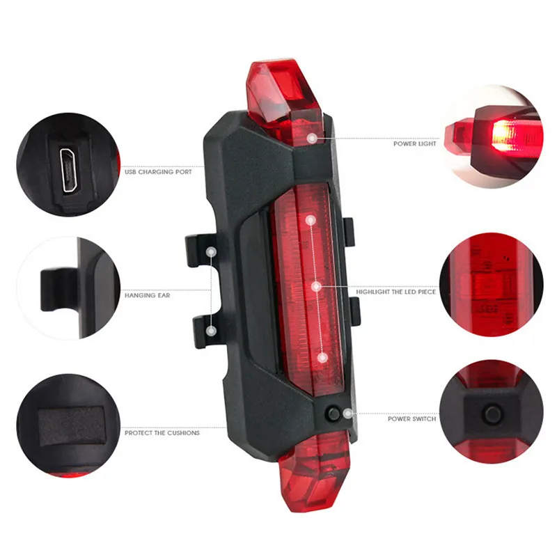 Excellent 1Pcs Bicycle Light Waterproof Rear Tail Light LED USB Rechargeable Mountain Bike Cycling Light Taillamp Safety Warning Light 6