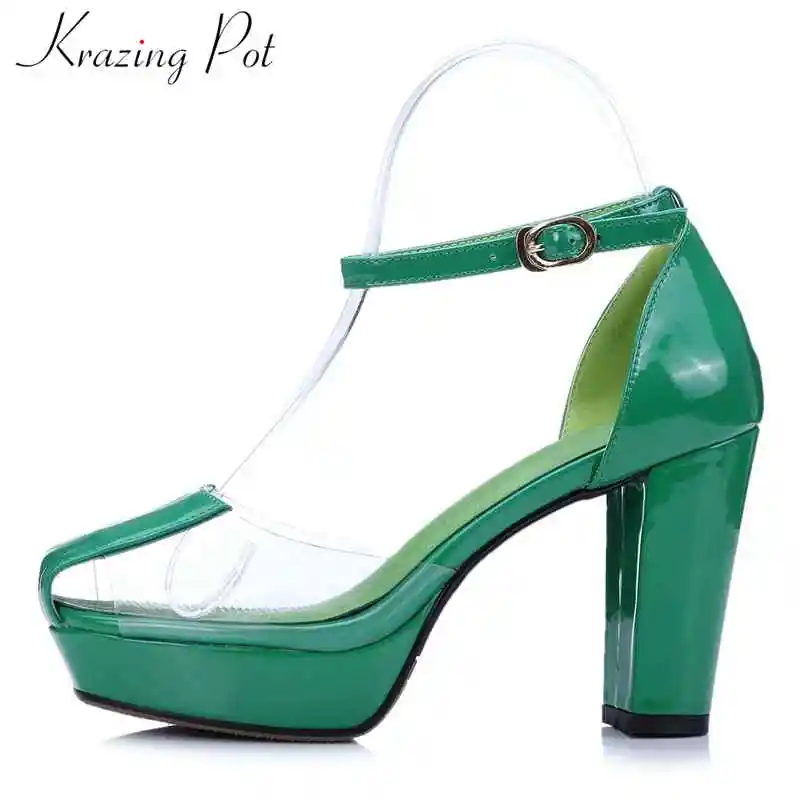 Krazing pot 2018 patent leather buckle strap transparent square toe bars women sandals super high heel handmade summer shoes L89