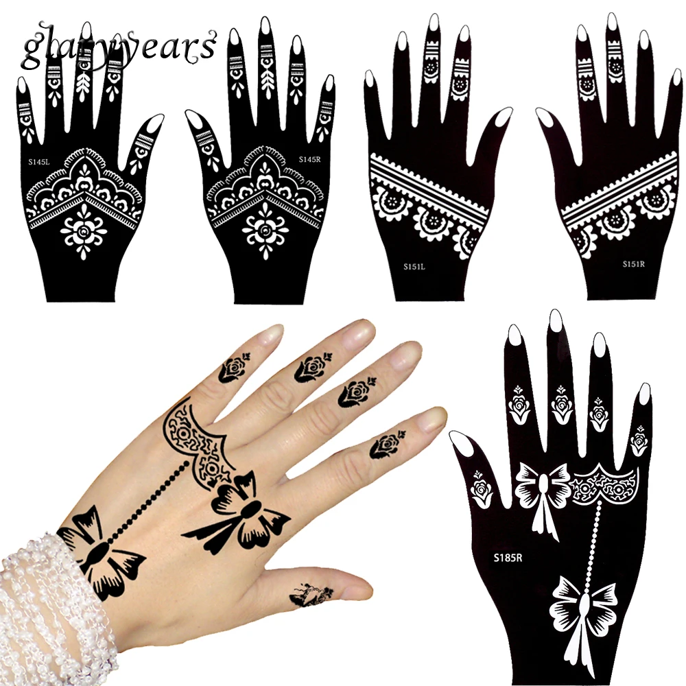 Glaryyears 3 Pairs Hollow Henna Tattoo Stencil Disegno Colorato Fiore Lace Bow Tie Mani Art Impermeabile Template Make up S100 05 in Glaryyears 3 Pairs