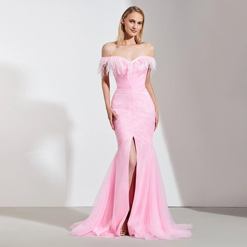 

Tanpell off the shoulder evening dress pink short sleeves floor length mermaid gown lady prom custom formal long evening dresses