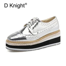 Brogue Shoes Woman 2018 New British Style Oxfords Shoes For Women Carved Casual Patent Flats Thick Heels Platform Creepers Shoes elevator vintage women oxfords shoes creepers brogue lace up brown muffin platform british style flats thick sole white spring