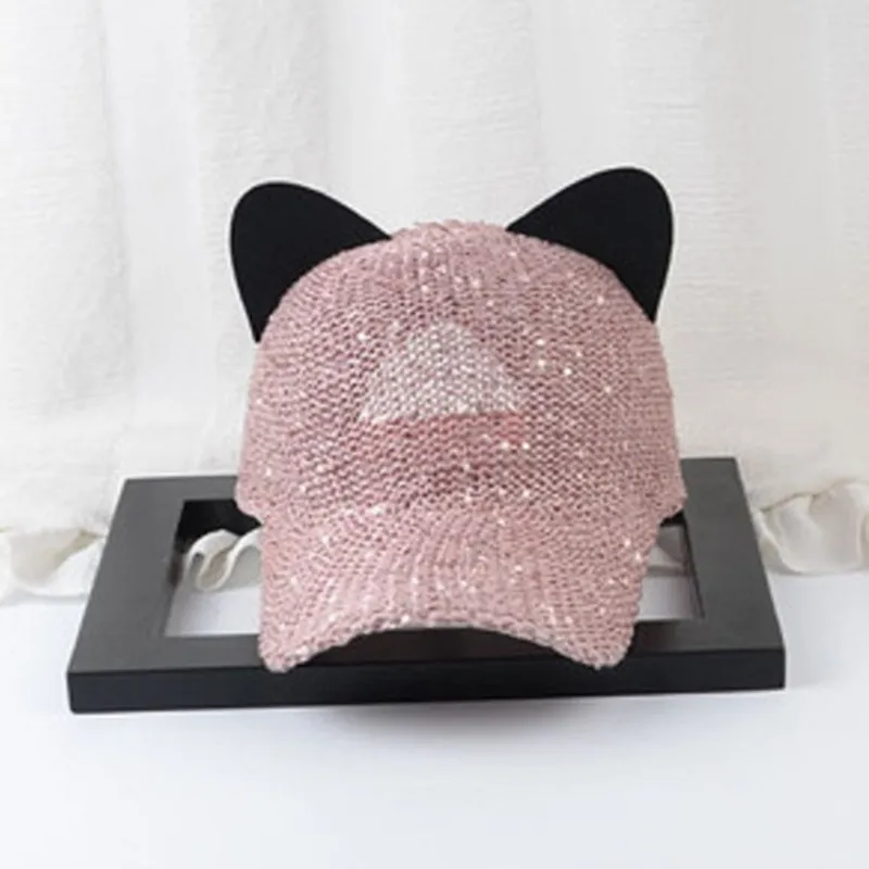 

New Women Sequins Bling Mesh Baseball Cap With Cute Ears Curved Brim Snapback Hats Hip Hop Caps Summer Solid Sun Hat