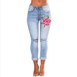 Рваные модные джинсы для женщин Высокая талия тощий карандаш деним брюки отбеленные стрейч вышивка пикантные синие джинсы high street