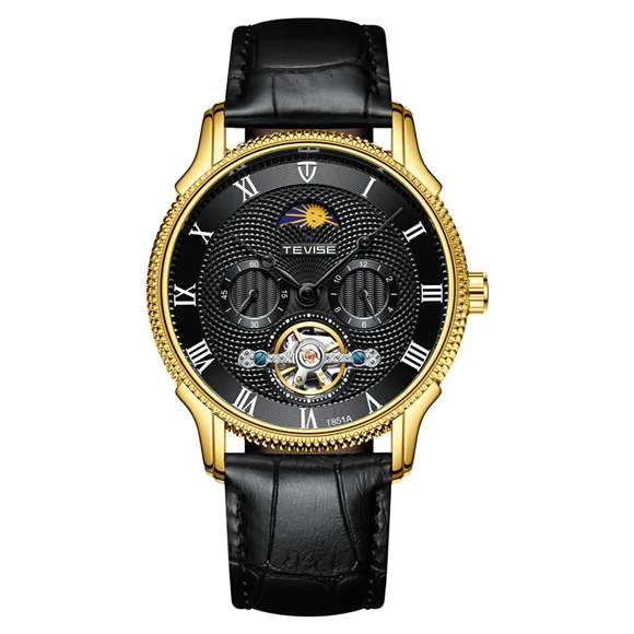 Tevise Waterproof Mechanical Watch Leather Strap Automatic Watches Men Luxury Brand Sport Tourbillon Mens Wrist Watches - Цвет: Gold Black