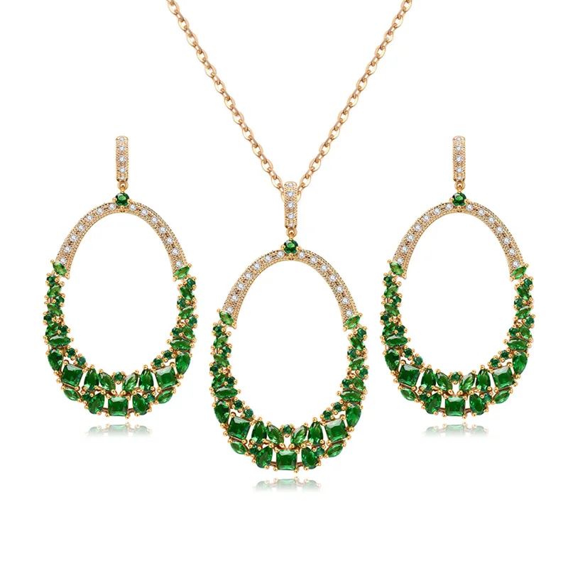 

Big Hollow Oval Round Fashion Green Stone Cubic Zirconia Vintage Women necklace chandelier earrings set primitive beauty Jewelry