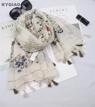 

KYQIAO women ethnic neck scarf mori girls autumn winter Japan style fresh design long beige print scarf travels scarves