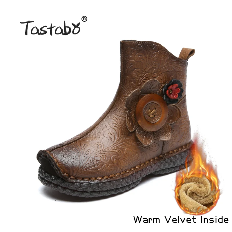 Tastabo/зимние ботинки; ботильоны из натуральной кожи; Новинка года; дизайнерские мягкие удобные женские ботинки на плоской подошве с круглым носком; цвет коричневый, черный - Цвет: Khaki