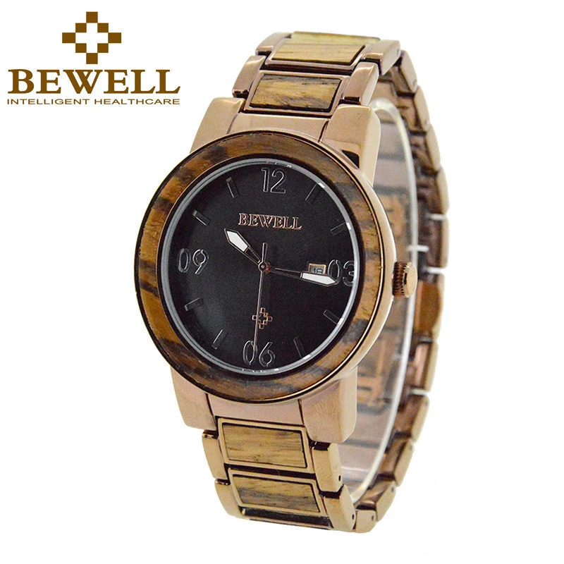

BEWELL Luxury Brand Wood Quartz Man's Watches Stainless Steel Watch Case and Leather Band Waterproof 30 Bar with Box 1051A