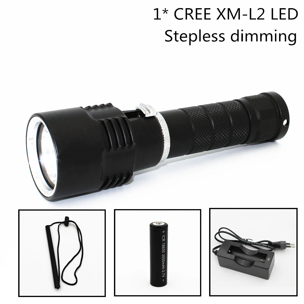 

Portable Black 1x L2 LED Diving Torch White Light Waterproof Aluminum Flashlight 18650 battery AC Charger