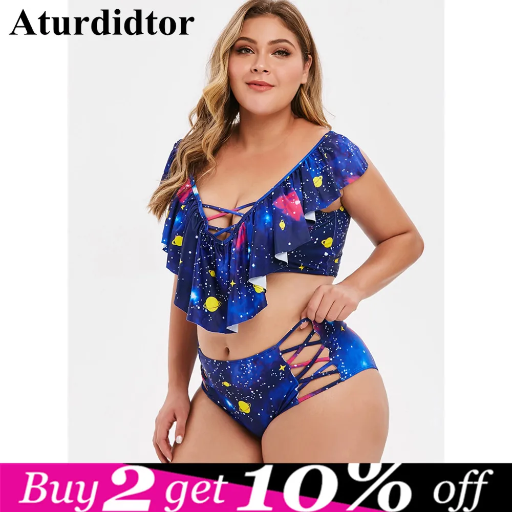 

Plus Size Swimwear Tankini Flounce Two Piece Sexy Ruffle Planet Star Moon Printed Swimming Suit for Fat Women High Waist Biquini