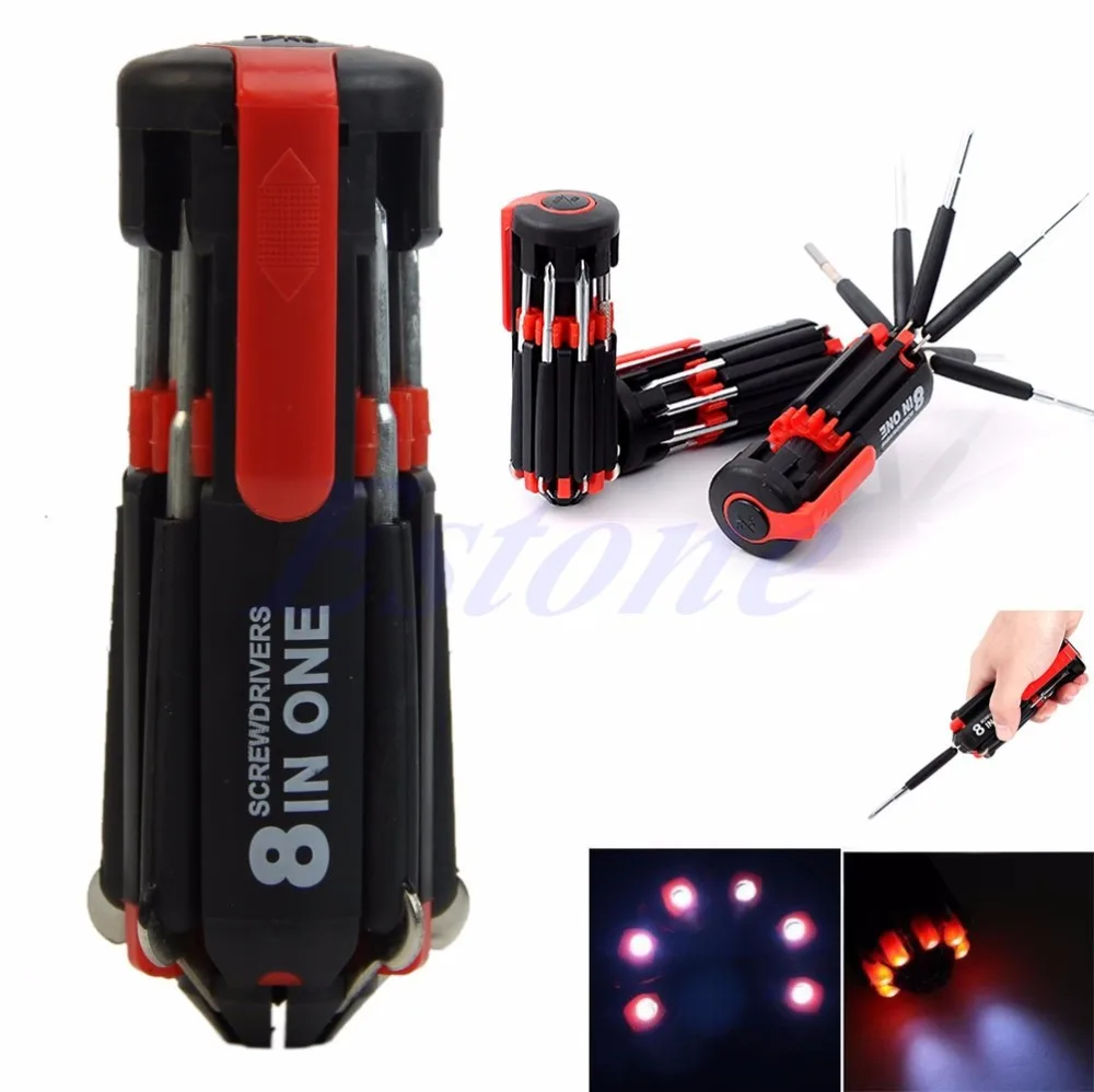 

8 in 1 Multi Portable Screwdriver with 6 LED Torch Tools Light Up Flashlight Set
