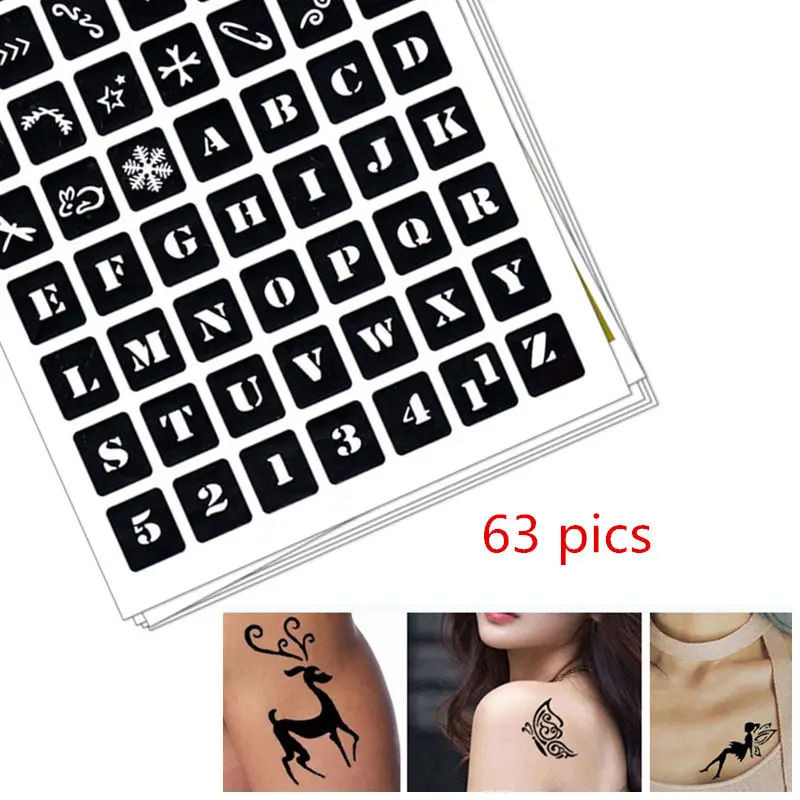 

63 pics Henna Tattoo Stencils DIY Drawing Airbrush Mehndi Body Art Stencils Letters A-Z Glitter Tatoo Stencil Jagua Templates