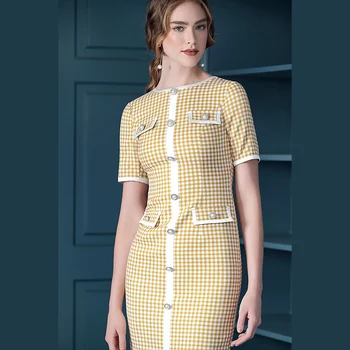 

2019 New Women Plaid Print Dress Fashion Button Designer Short Sleeve Sheath Dresses J0691