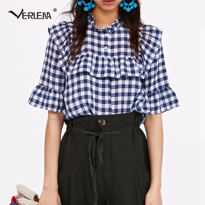 Verlena 2019 Vichy, blusa a cuadros con cuello con volantes, camisa blanca azul, de campana, Media manga, dobladillo de curvo, parte superior adjunta|Blusas y - AliExpress