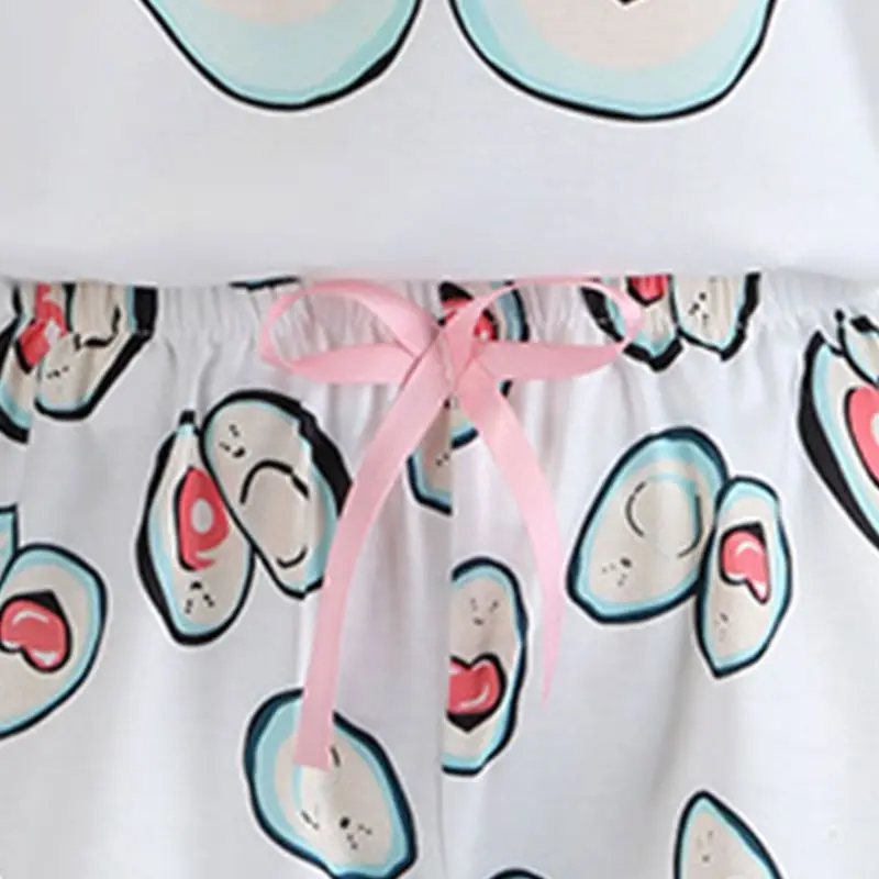 Летний Пижамный комплект для женщин и девочек с милым мультяшным принтом авокадо и буквами, Свободный Топ с короткими рукавами, шорты с бантиком, одежда для сна, домашняя одежда