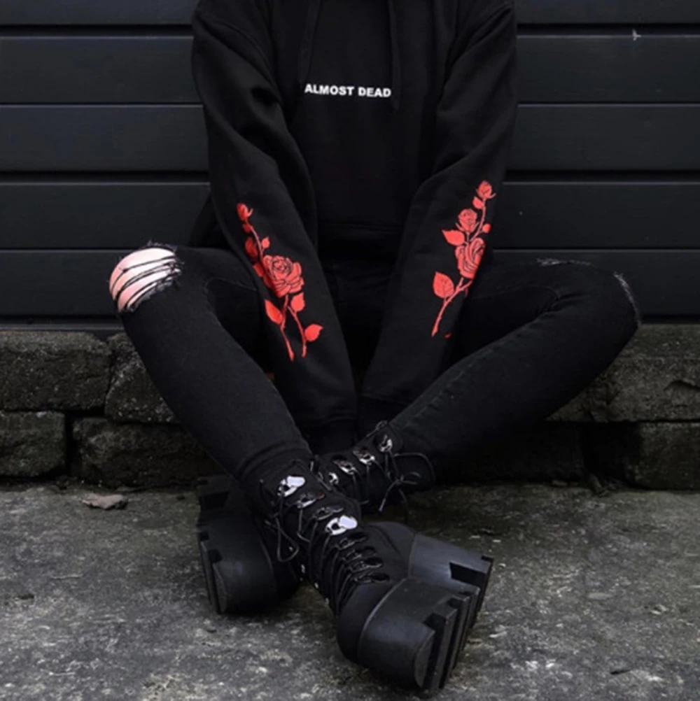  Gothic Hoodies ALMOST DEAD Rose Pattern Print Sweatshirt Black Unisex Pullover Tumblr Hispter Tops 