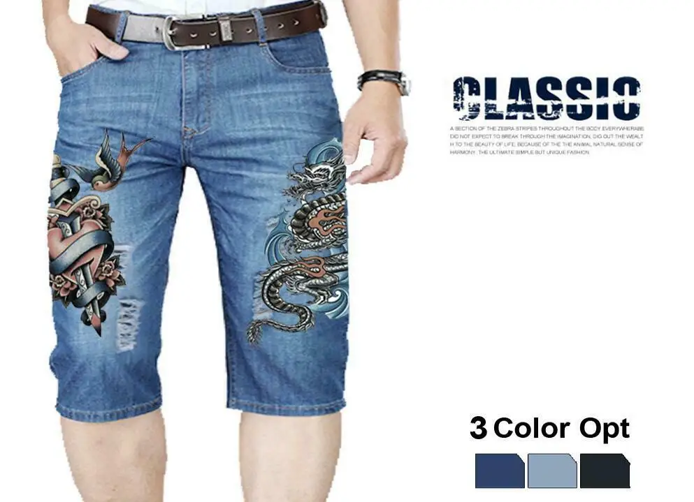 

Men Boy Short Jeans Skinny Hole Ripped Retro Destroy Pants Denim Straigh Trousers Print Design Beach Hip Hop Skate Pants Heart