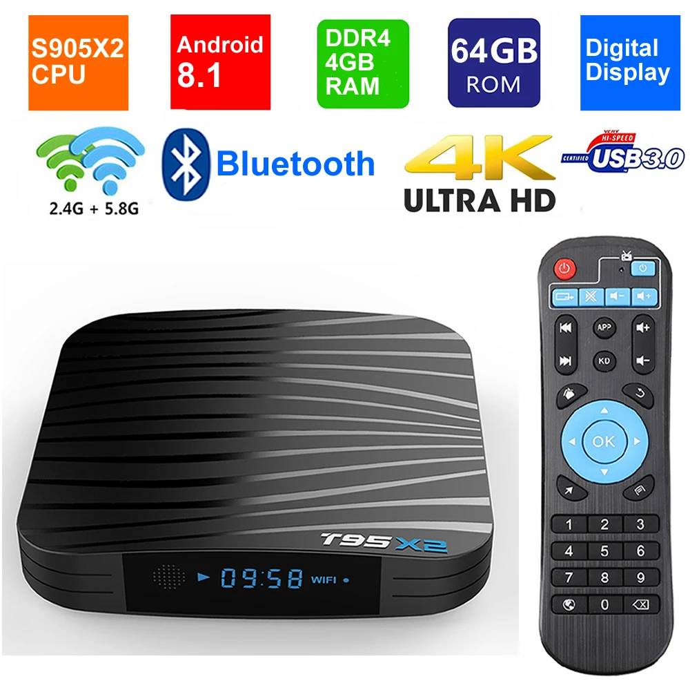 

T95X2 Smart TV Box Android 8.1 Amlogic S905X2 Quad Core DDR4 4GB 64GB Bluetooth USB3.0 2.4G/5G Dual WIFI 3D 4K HDR Media Player