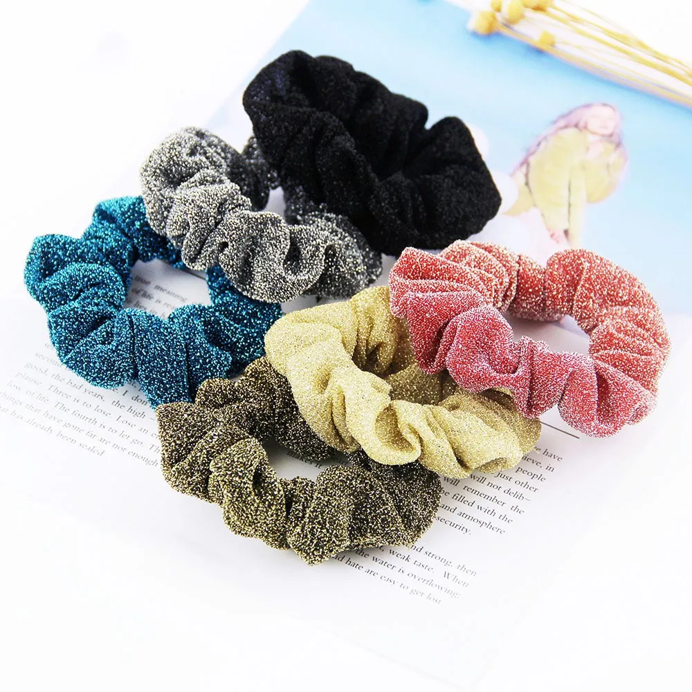 

1pcs Shining 8cm sweet Glitter Metalic Fabric Hair Scrunchies Women Hair Accessories Tonytail Holder Elastic Hair Ties