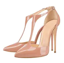 Plus Size 15 Nude Patent Leather T-bar Ankle Strap Pump Women Shoes Pointed Toe High Heel Pumps 12cm Cut-out Wedding Shoes Bride empire waist plus size cut out t shirt