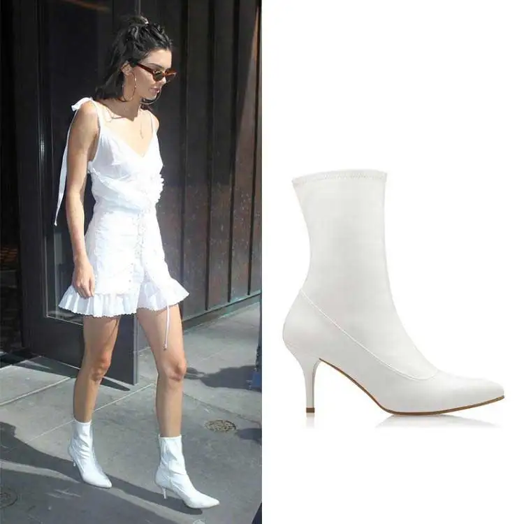 

White Black Brand Fashion Stretch Booties Pointed Toe High Heels Mid Calf Women Boots Spring Autumn Zipper Women Shoes