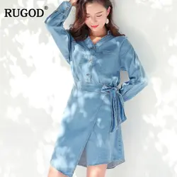 RUGOD Осень Новый Винтаж Модные женские платье из джинсовой ткани линии Стиль платья с v-образным вырезом одноцветное длиной выше колена