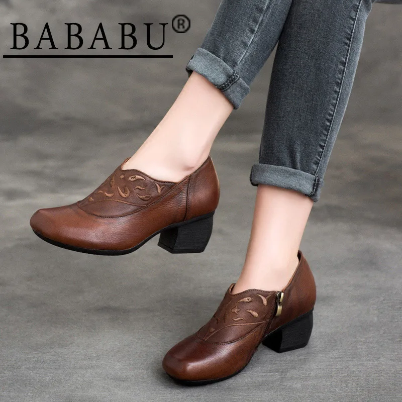 

BABABU 2018 New Style Square Toe Women Heels Shoes Genuine Leather Handmade Women Shoes Fashion Spring Medium Heels Shoes