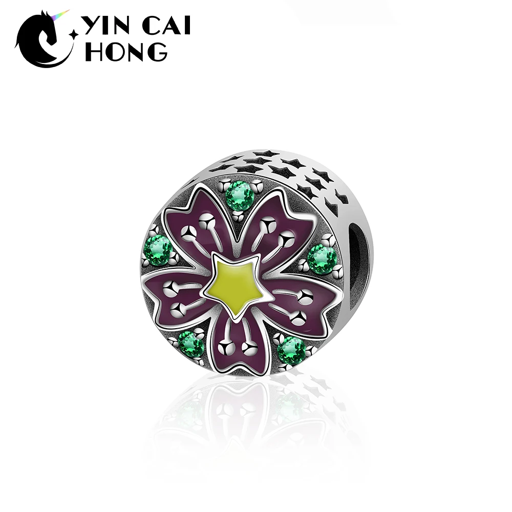 

YCH 100% 925 Sterling Silver Sparkling Gems Luxury Colorful Geometric Leaves Flowers Beaded Charm Original Jewelry Women's