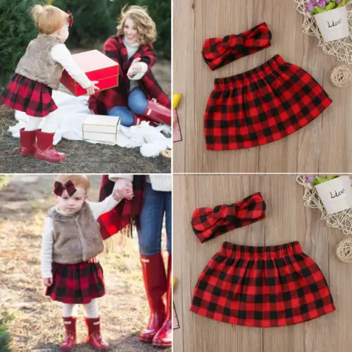 Emmaaby/Рождественская Одежда для новорожденных девочек; красная юбка в клетку с принтом; повязка на голову; комплект одежды из 2 предметов; красный цвет