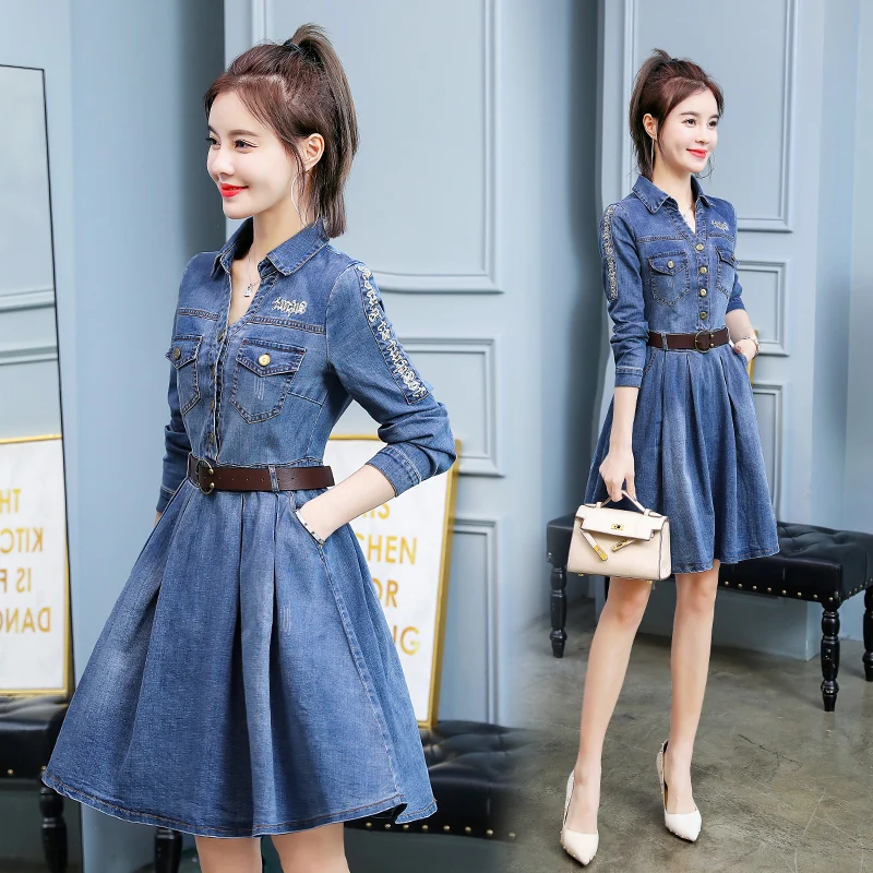Autumn Long Sleeves Denim Dresses Women Fashion Elasticity High Waist Jeans With Belt Pocket Slim Female Denim Dress Vestido
