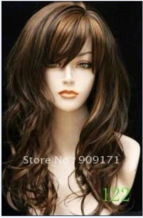 Hot selling&gt Cosplay Chestnut brown Mixed Color party Curly Inclined Bang Wig (B0320) -Bride jewelry free shipping |